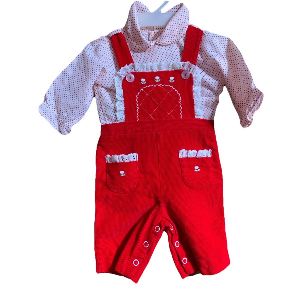Vintage Red Corduroy Overalls Lace Matching Polka Dot Shirt Size 0-3 Months